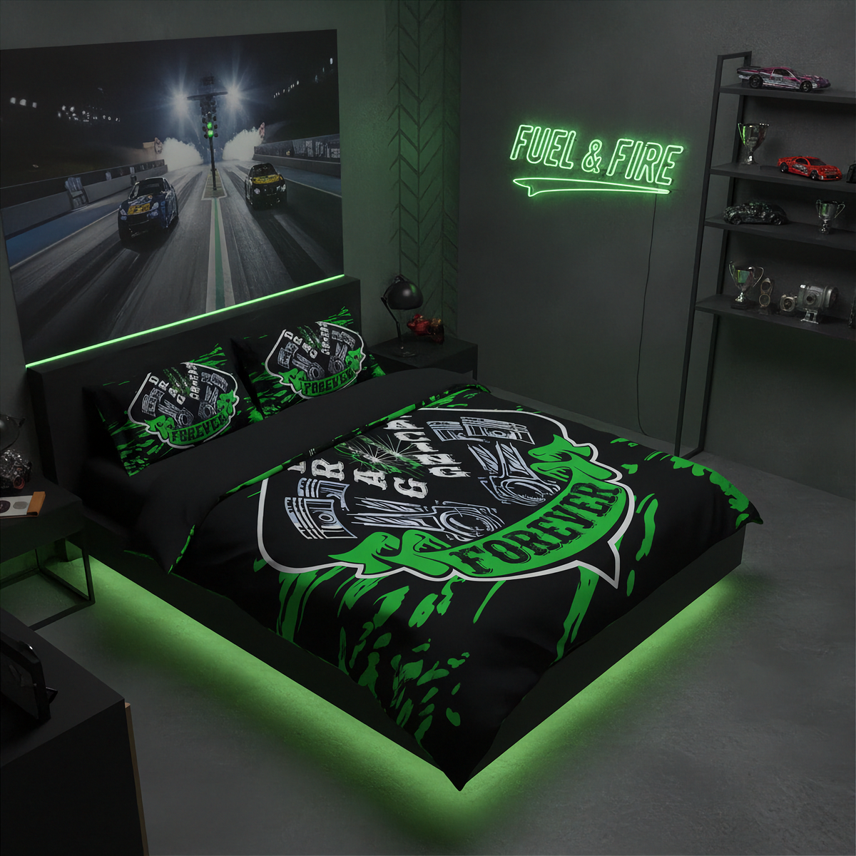 A black bedding set with a green and white 'FUEL & FIRE' graphic print, styled on a bed in a dark, modern bedroom with green LED under-bed lighting and a matching wall mural.