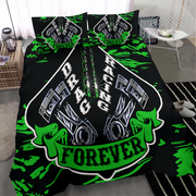 A black bedding set with a bold green and white drag racing graphic, including a duvet cover and two matching pillowcases, displayed in a modern bedroom setting.