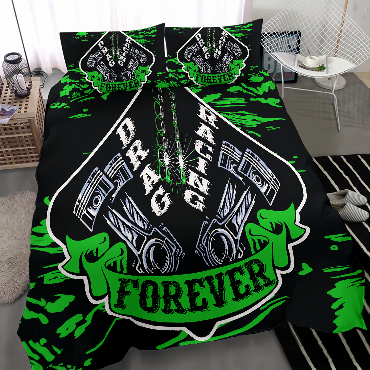 A black bedding set with a bold green and white drag racing graphic, including a duvet cover and two matching pillowcases, displayed in a modern bedroom setting.