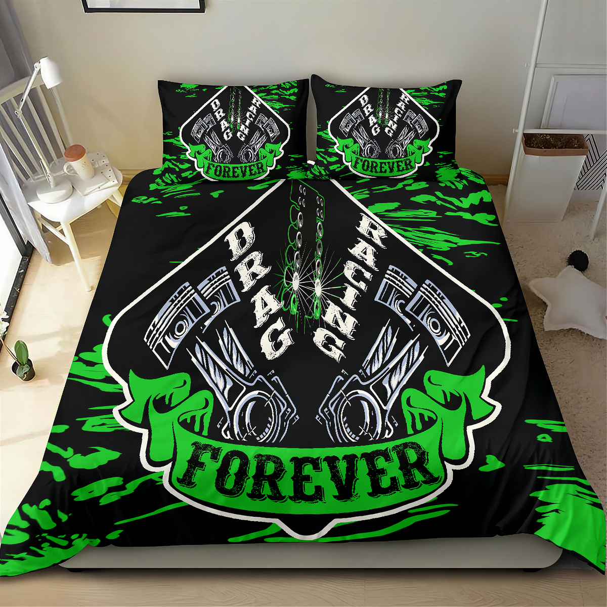 A bedding set featuring a black duvet cover and two matching pillowcases with a green and white 'Drag Racing Forever' graphic design, displayed on a bed in a bedroom setting.
