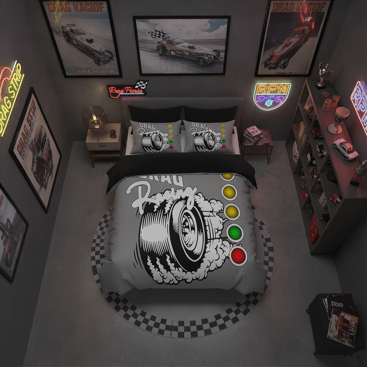 A gray racing-themed bedding set with a tire graphic and checkered floor design, styled in a dark modern bedroom with racing posters, neon signs, and shelves.