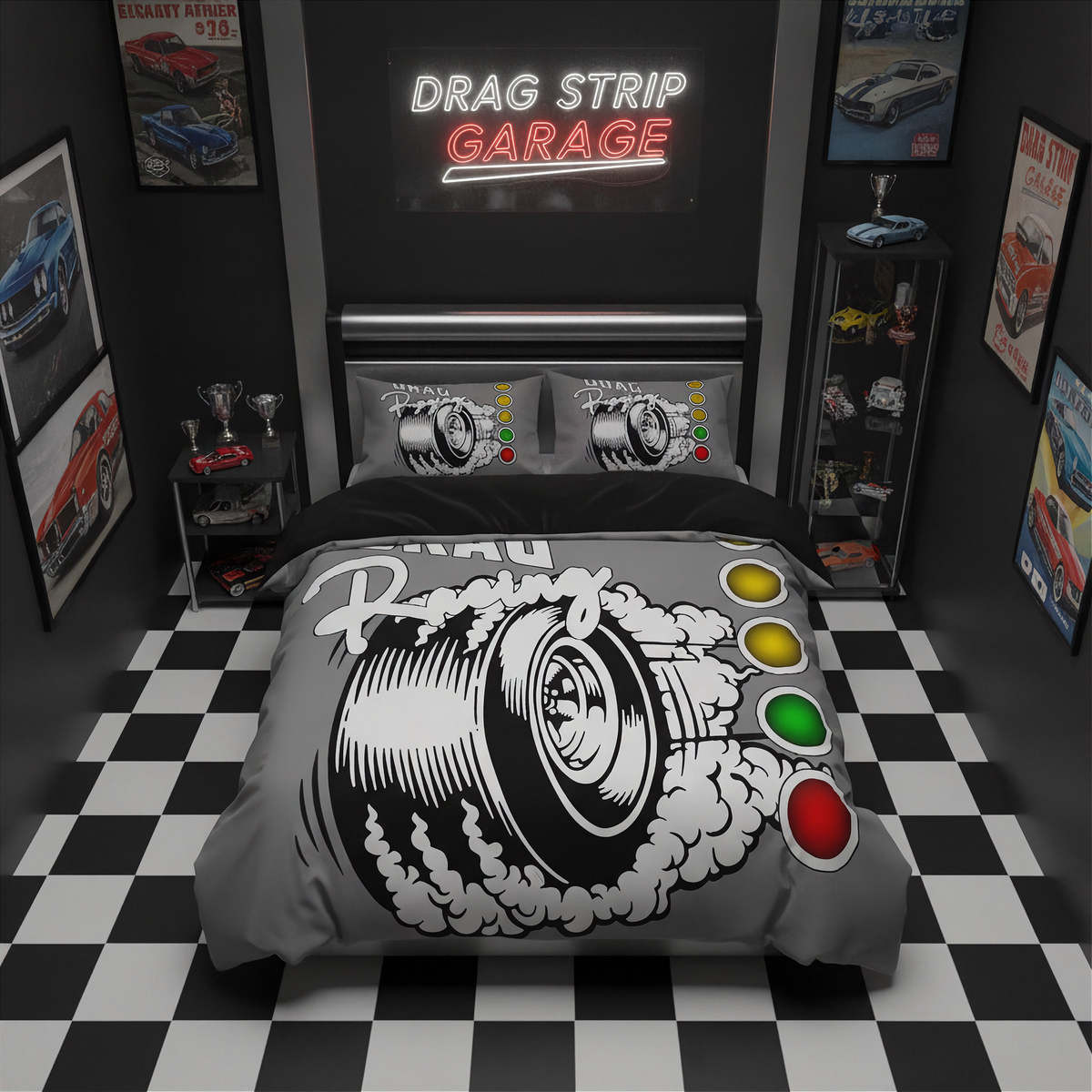 A racing-themed bedding set displayed on a bed in a styled bedroom. The set includes a comforter and two matching pillowcases featuring a red race car, a black-and-red checkered pattern, and the words 'DRAG RACING'.