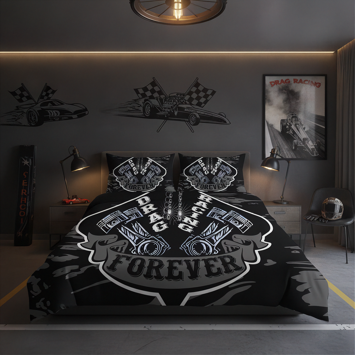 A black and gray drag racing themed bedding set, including a duvet cover and two pillowcases, styled in a modern gray bedroom with racing decals, a framed poster, and racing helmets.
