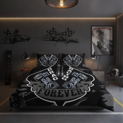 A black and gray drag racing themed bedding set, including a duvet cover and two pillowcases, styled in a modern gray bedroom with racing decals, a framed poster, and racing helmets.