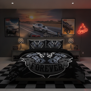 A styled bedroom featuring a large wall mural with drag racing cars and a sunset, matching black and gray bedding with a prominent 'Racing Forever' graphic, checkered nightstands, lamps, and a red neon 'SPEED' sign.