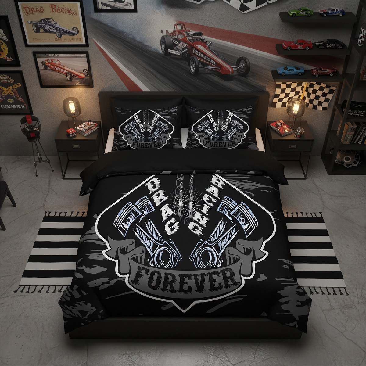 A racing-themed bedding set displayed on a bed in a styled bedroom. The set includes a black duvet cover and two matching pillowcases featuring a large white and gray 'Drag Racing Forever' shield graphic with engine parts and a chain.