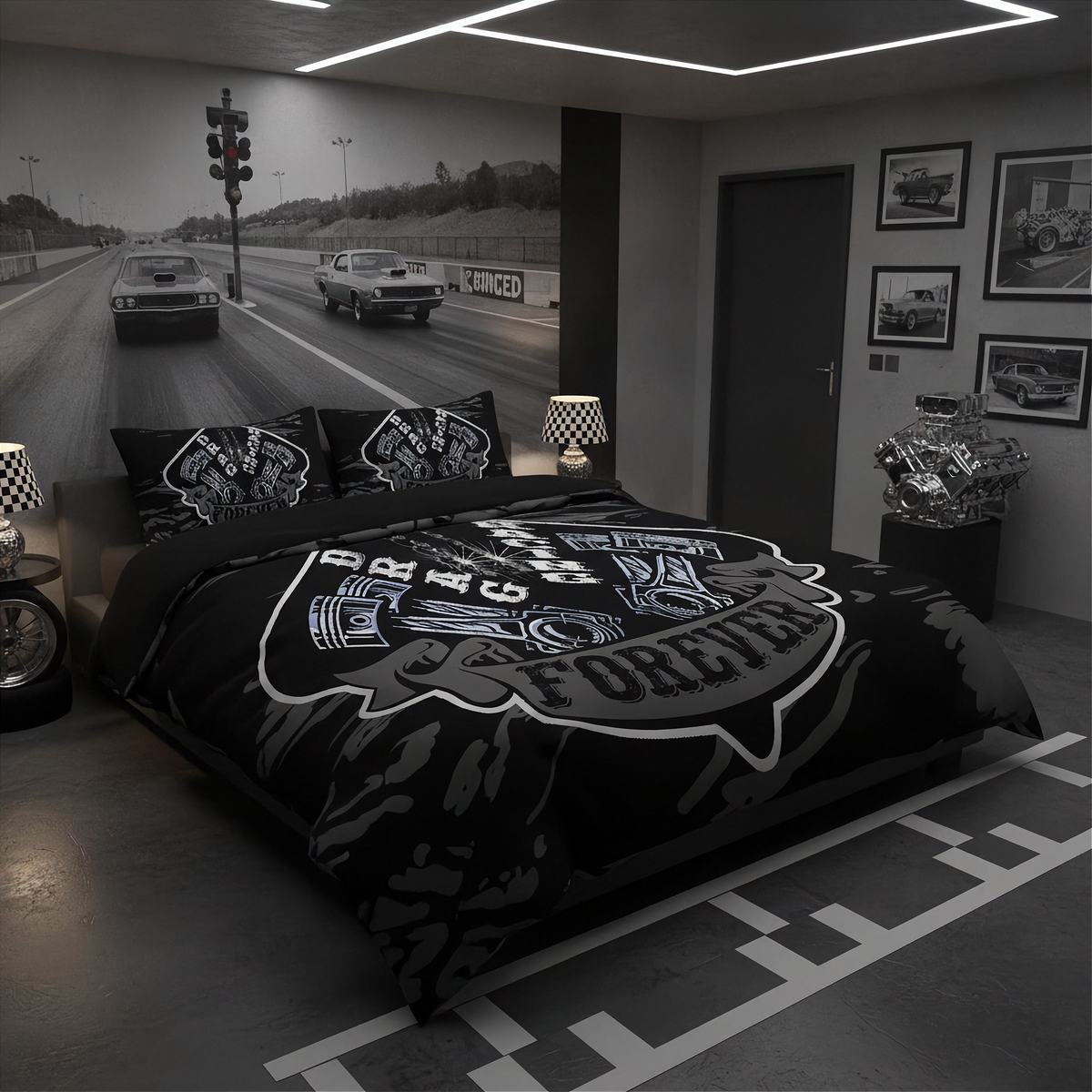 A black and gray graphic bedding set with a large Harley-Davidson 'Forever' chest print and matching pillowcases, styled in a modern dark-themed bedroom with a matching wall mural.