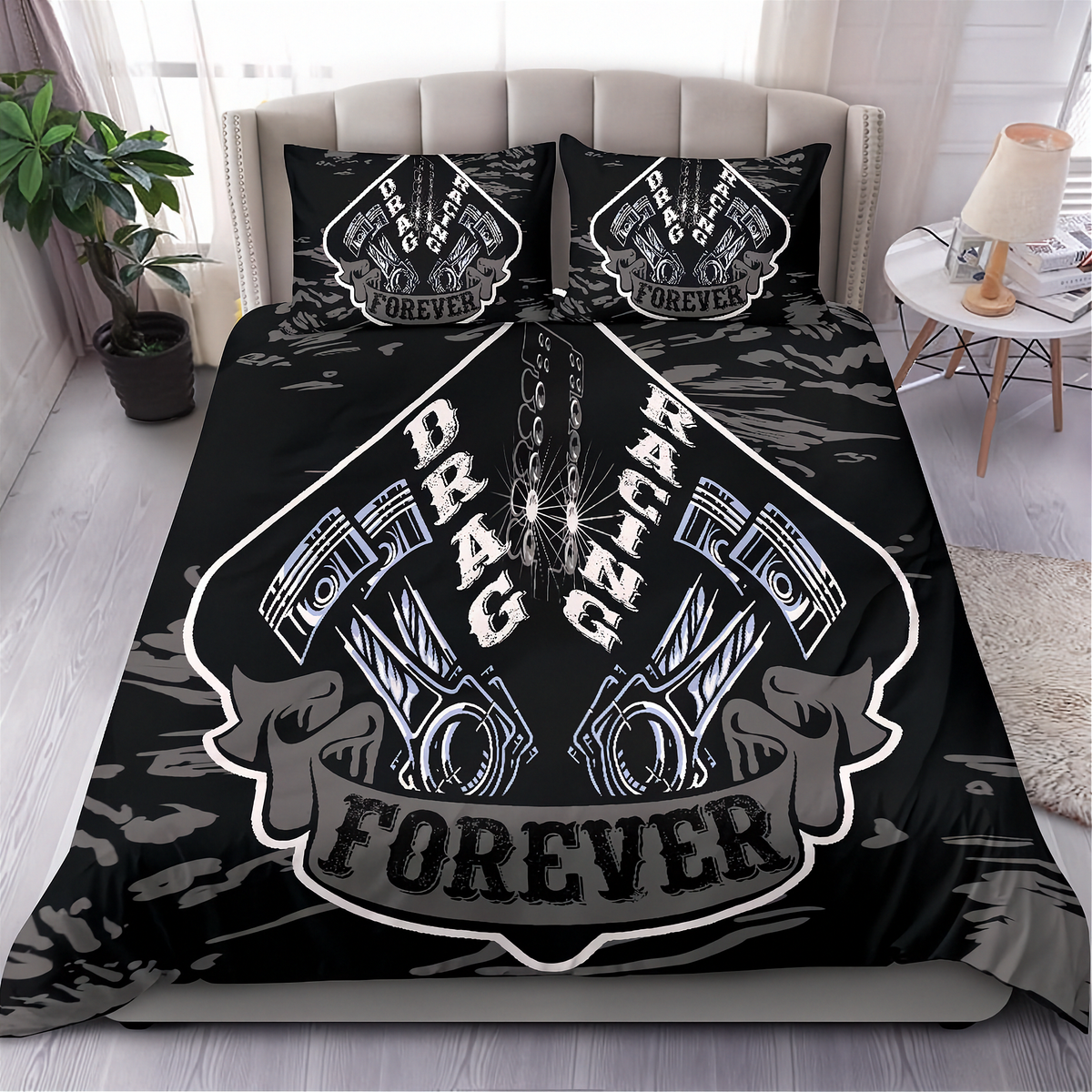 A black bedding set with a large racing graphic featuring pistons, chains, and the words 'DRAG RACING FOREVER' on the comforter and matching pillowcases, shown on a bed in a styled bedroom setting.