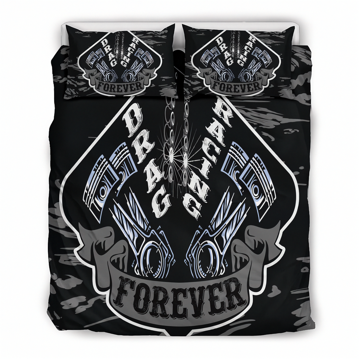 A black bedding set, including a duvet cover and two pillowcases, featuring a bold graphic design with two crossed pistons, a chain, and the words 'DRAG RACING FOREVER' in white and gray.