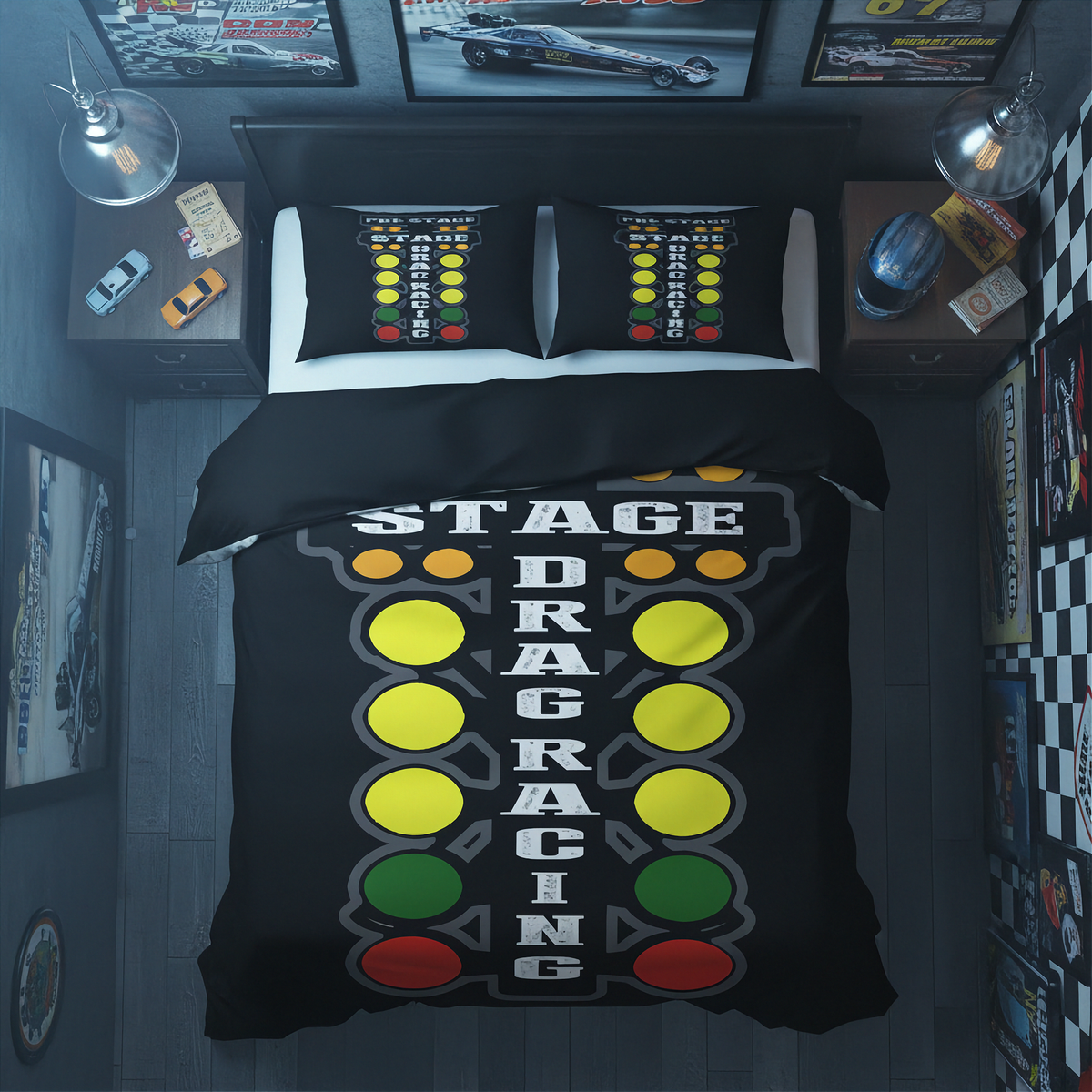 A top-down view of a bed dressed in a black racing-themed bedding set featuring a 'Stage Drag Racing' graphic with yellow, green, and red lights. The room is styled with drag racing posters, toy cars, and racing decor.