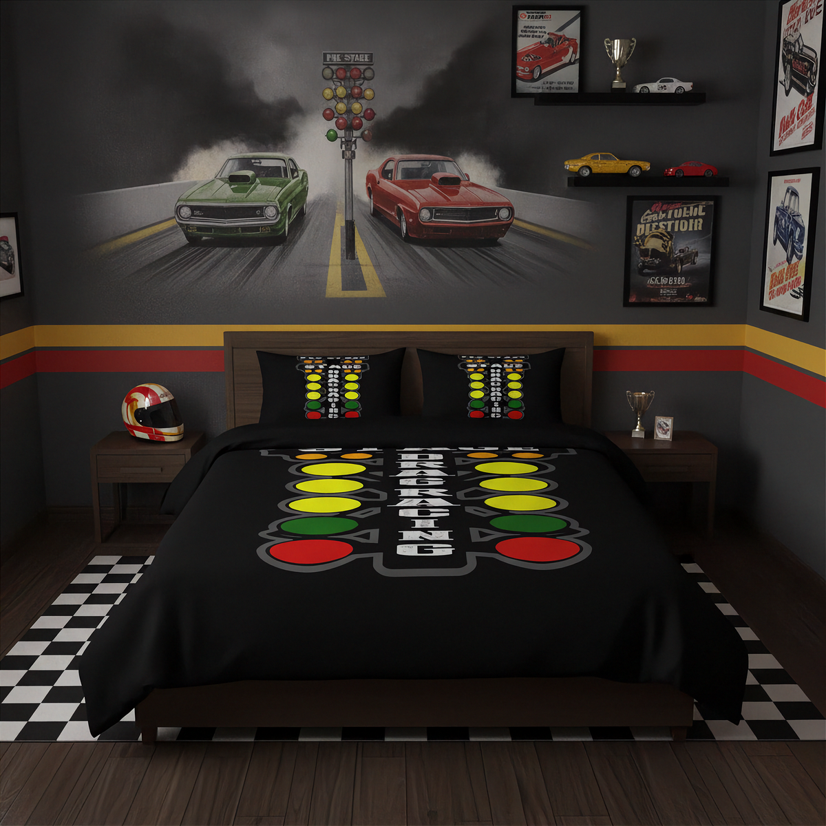 A racing-themed bedroom setup featuring a black comforter and matching pillowcases printed with a race track start line and traffic light design, set in a dark gray room with a checkered floor and a large wall mural of two classic race cars.