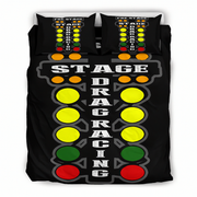 A black bedding set, including a duvet cover and two pillowcases, featuring a drag racing theme with a track light panel design and the words 'STAGE DRAG RACING' printed in white.