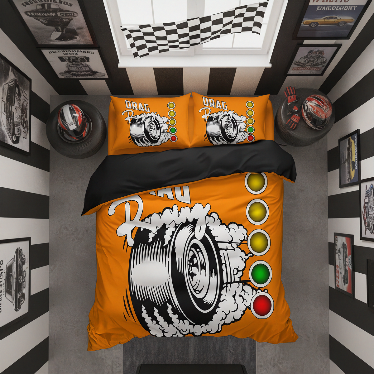 A top-down view of a racing-themed bedding set on a bed in a styled bedroom. The set includes a bright orange duvet cover and two matching pillowcases, printed with a black and white drag racing tire graphic, the word 'DRAG', and a vertical sequence of yellow, green, and red traffic lights.