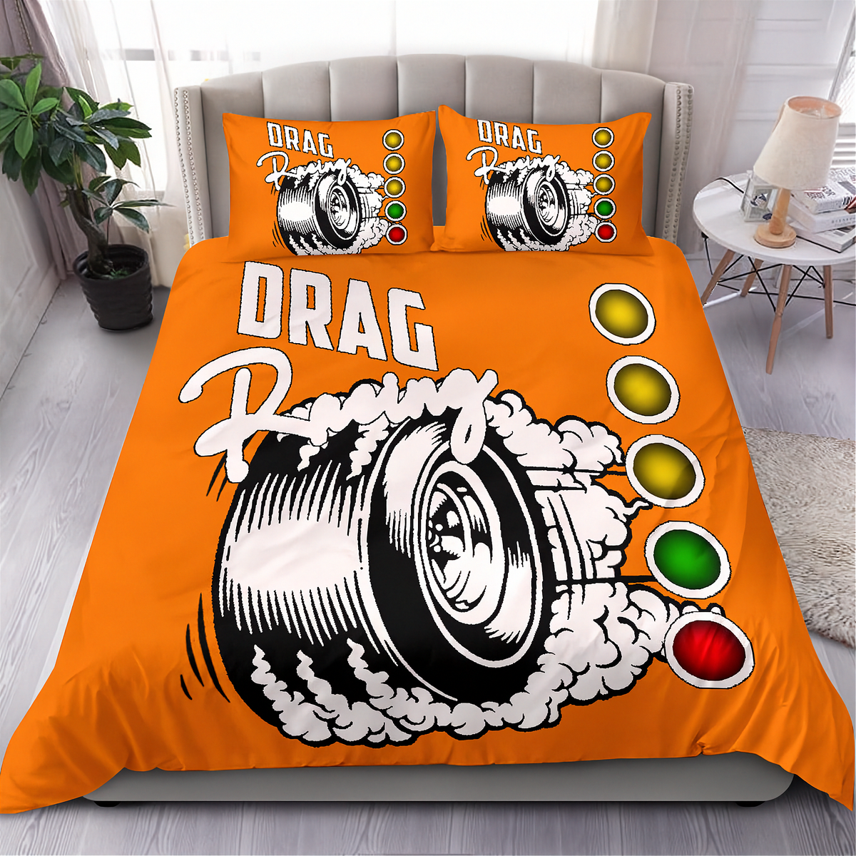 Bright orange drag racing themed bedding set including a duvet cover and two pillowcases, displayed on a bed in a modern bedroom setting.