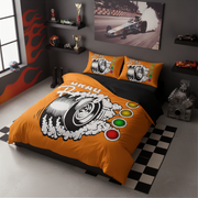 An orange and black racing-themed bedding set with a large piston graphic and the word 'URAU' on the duvet cover, shown on a bed in a dark gray racing-style bedroom with checkered floor and race car wall art.