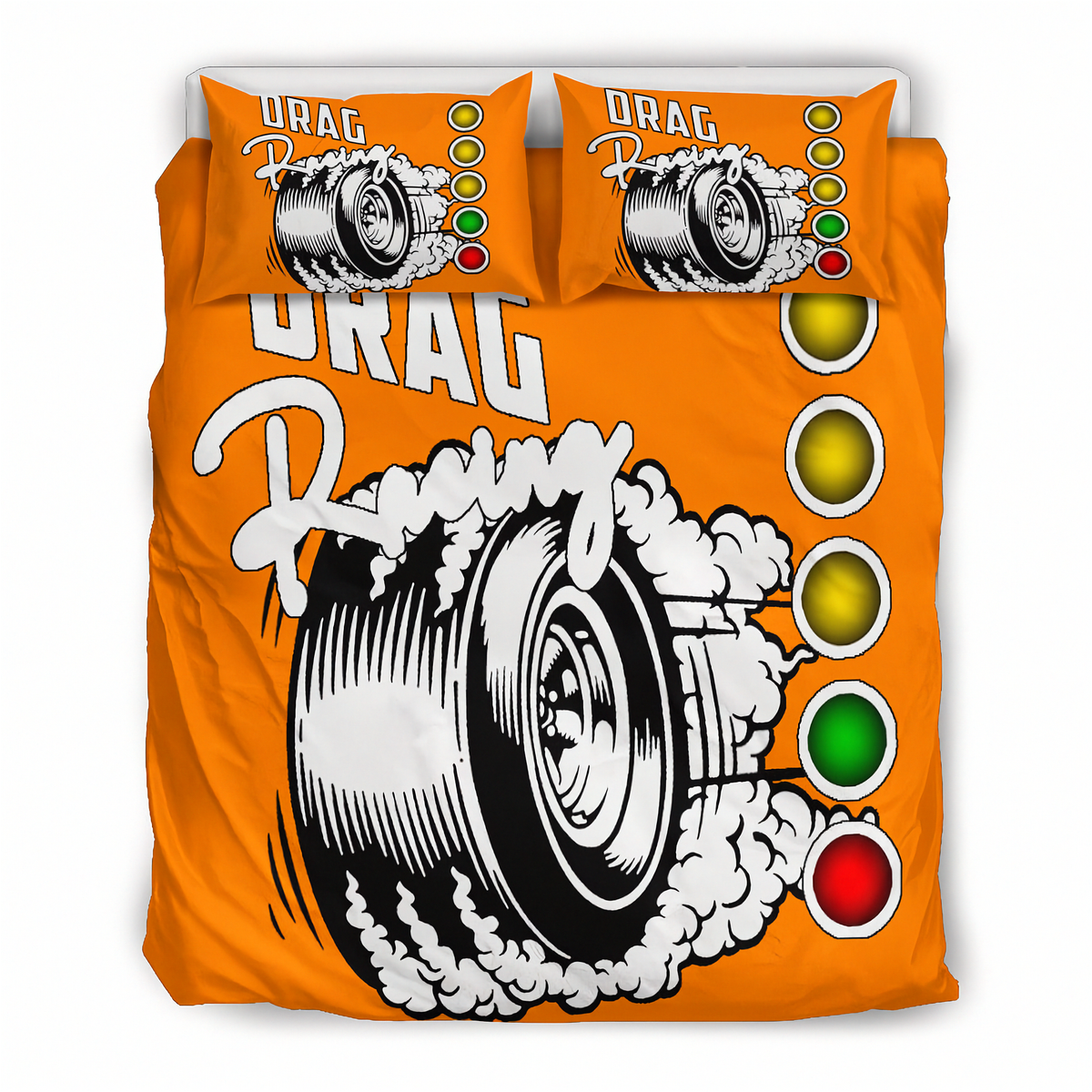 An orange bedding set featuring a duvet cover and two matching pillowcases with a drag racing graphic. The design includes a large black and white tire with smoke, the words 'DRAG Racing', and a vertical sequence of yellow, green, and red light circles.