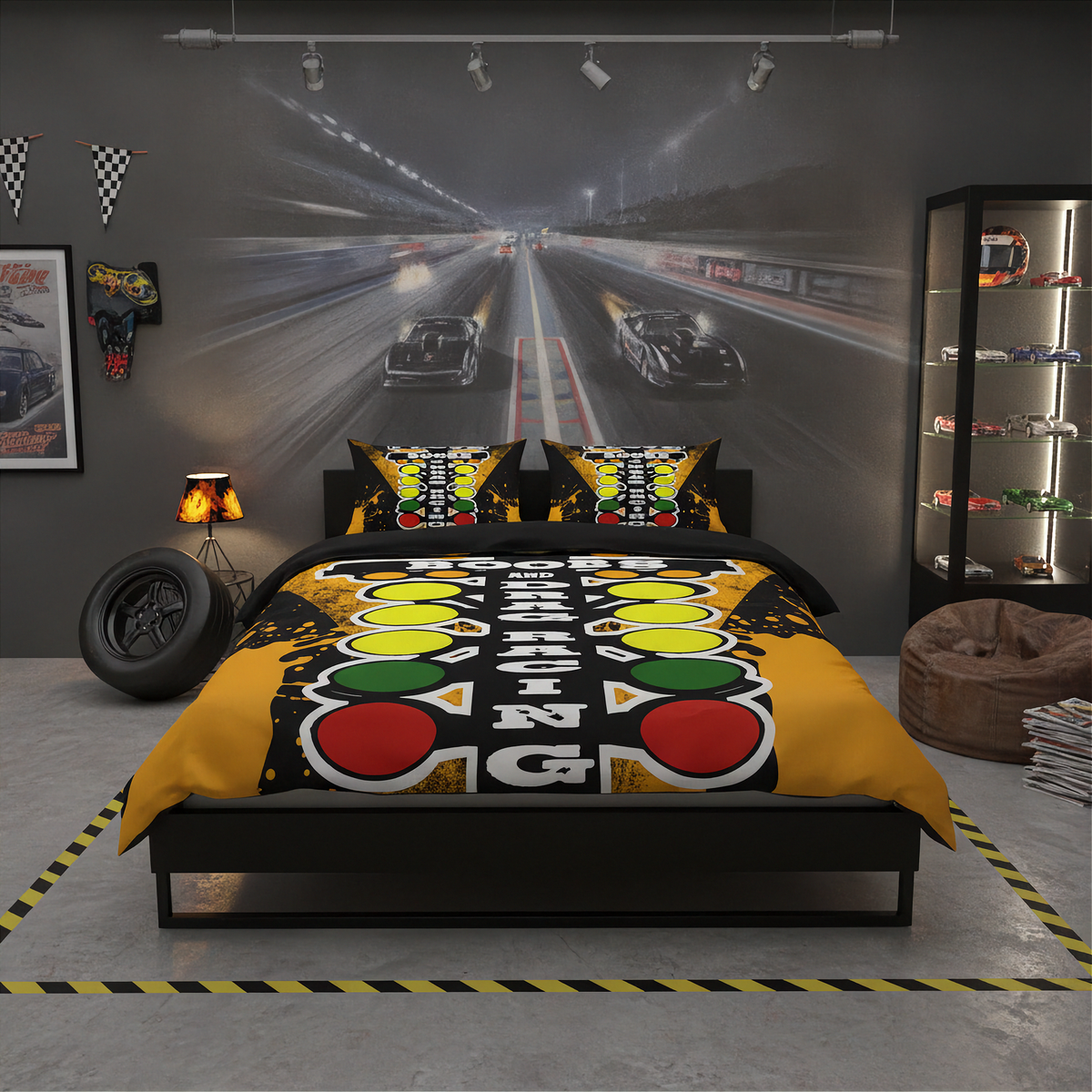 A racing-themed bedding set displayed on a bed in a modern, dark gray bedroom. The set includes a duvet cover and two matching pillowcases featuring a graphic print of two race cars on a blurred racetrack with a checkered flag pattern and the word 'RACING'.