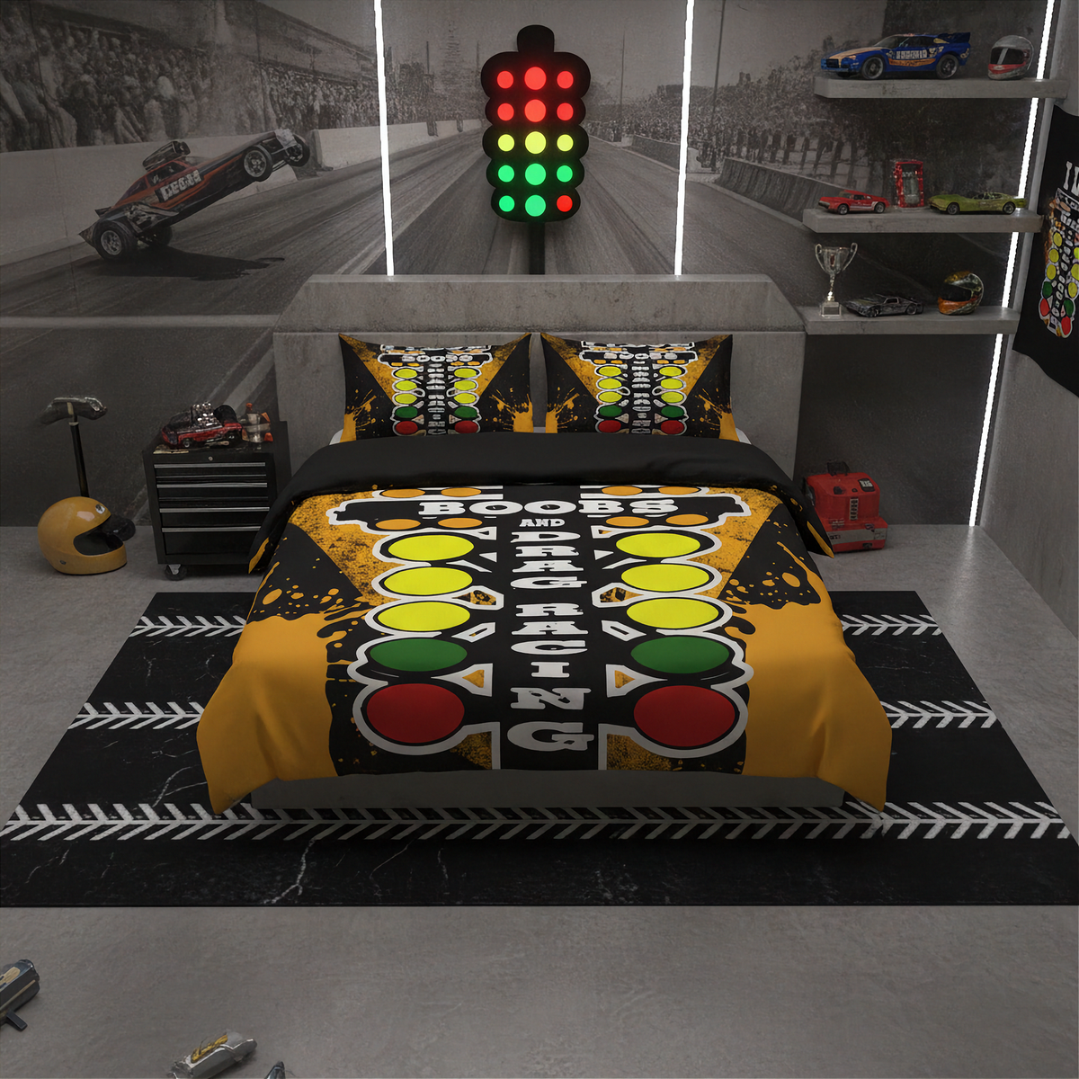 A racing-themed bedding set displayed on a bed in a modern, dark gray gaming room. The set includes a duvet cover and two matching pillowcases featuring a yellow, black, and red traffic light and track design.