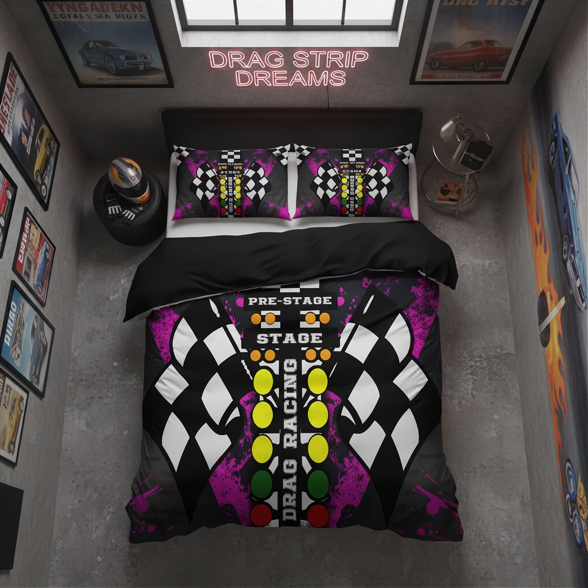 A top-down view of a racing-themed bedding set on a bed in a styled bedroom. The set includes a duvet cover and two matching pillowcases with a black, white, and purple drag strip design, checkered patterns, and colorful race button graphics.