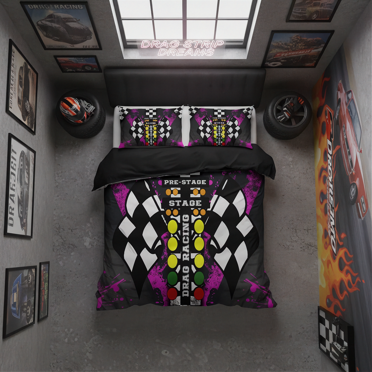 A racing-themed bedding set displayed on a bed in a styled bedroom. The set includes a duvet cover and two matching pillowcases featuring a black, white, and purple checkered flag design with a central vertical graphic containing the words 'PRE-STAGE', 'STAGE', and 'DRAG' in colorful blocks.