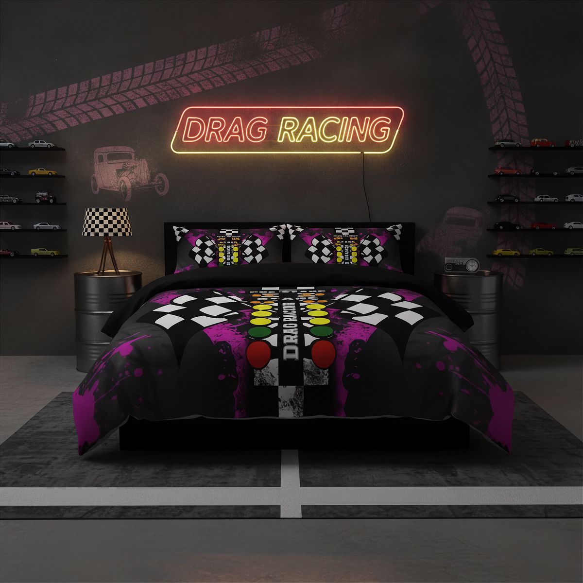 A bed dressed in a drag racing themed bedding set with a black, white, and purple checkered pattern, styled in a dark gray bedroom with a neon 'DRAG RACING' sign on the wall.