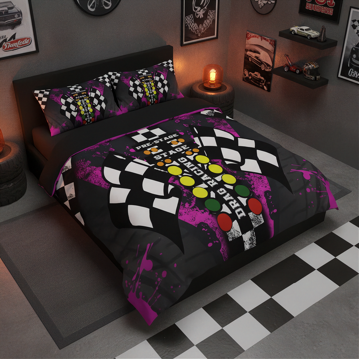 A racing-themed bedding set featuring a duvet cover and two matching pillowcases with a black and white checkered flag pattern, purple splatters, and yellow, green, and red oval details, styled in a dark gray bedroom with racing posters and a checkered floor.