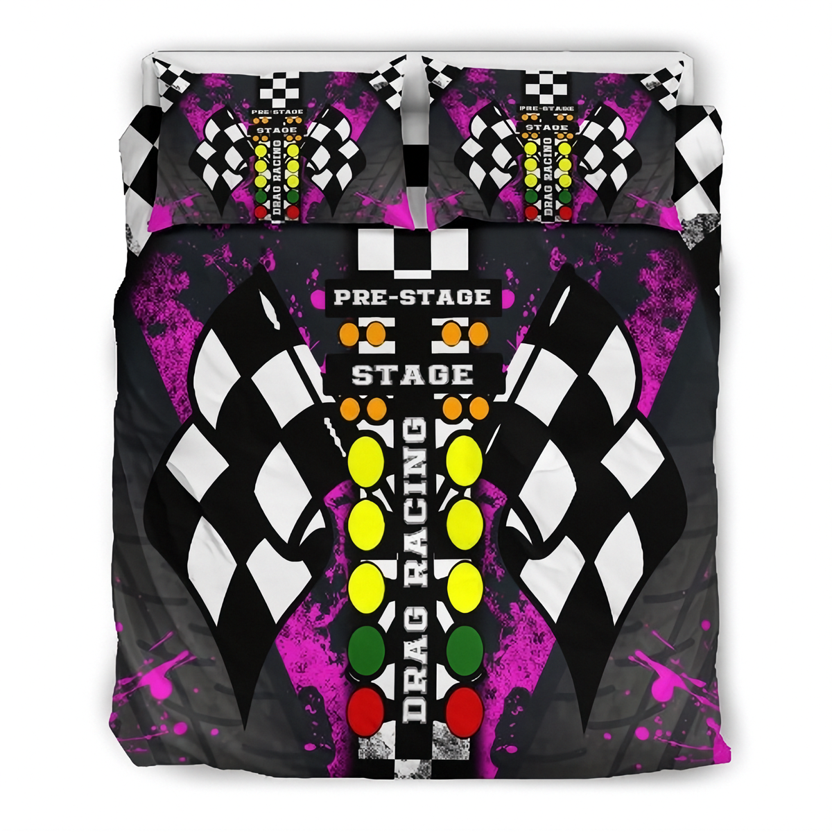 A racing-themed bedding set featuring a duvet cover and two pillowcases with a black, white, and purple checkered flag design, yellow and orange race lights, and the words 'PRE-STAGE', 'STAGE', and 'DRAG RACING'.