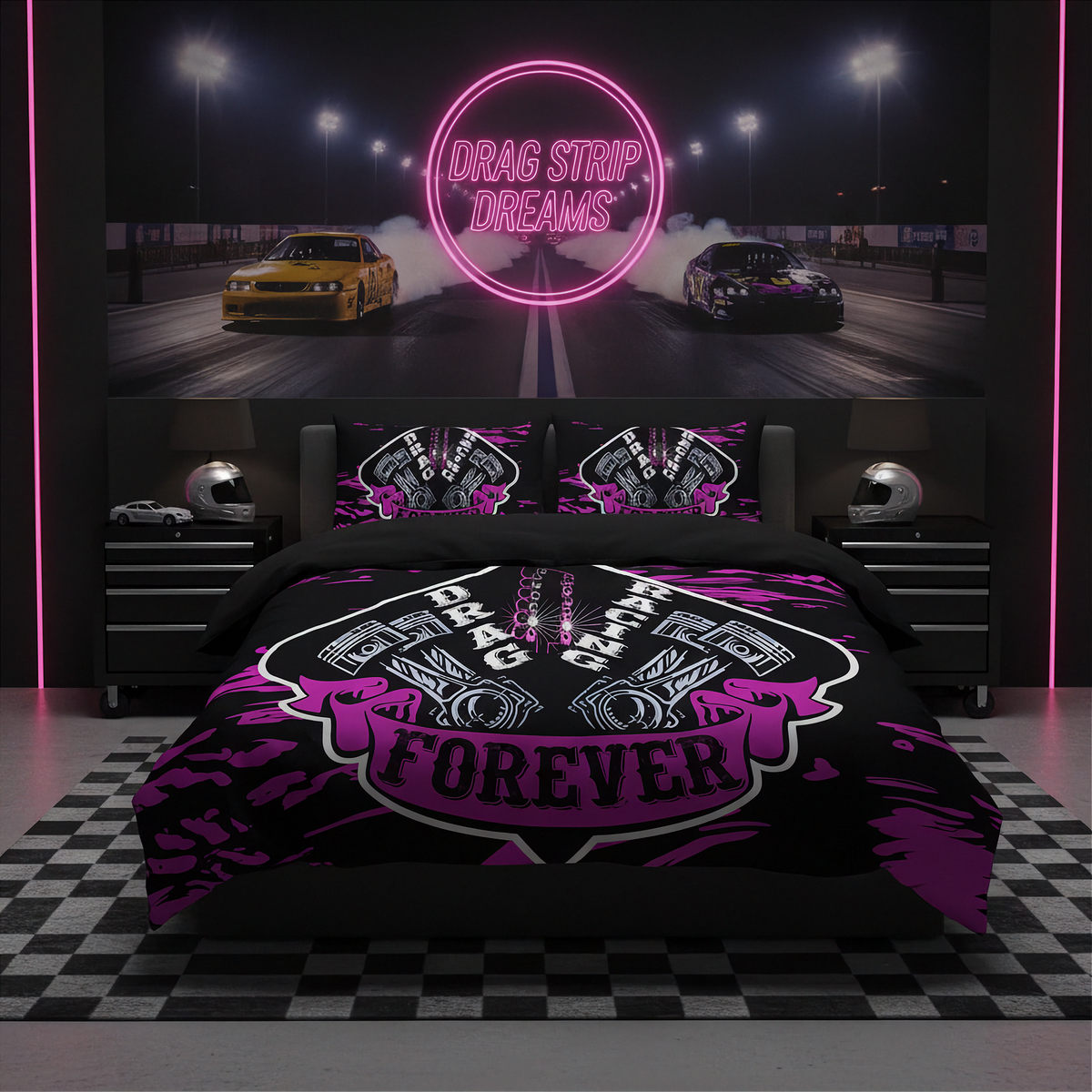A bed dressed in a black and purple drag strip themed bedding set, shown in a styled bedroom with matching headboard pillows, nightstands, helmets, and a large neon-style wall mural behind the bed reading 'DRAG STRIP DREAMS'.
