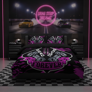 A bed dressed in a black and purple drag strip themed bedding set, shown in a styled bedroom with matching headboard pillows, nightstands, helmets, and a large neon-style wall mural behind the bed reading 'DRAG STRIP DREAMS'.