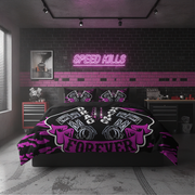 A black and purple bedding set with a 'Drag Racing Forever' graphic design, styled in a modern, dark-themed bedroom with a neon sign and brick wall.