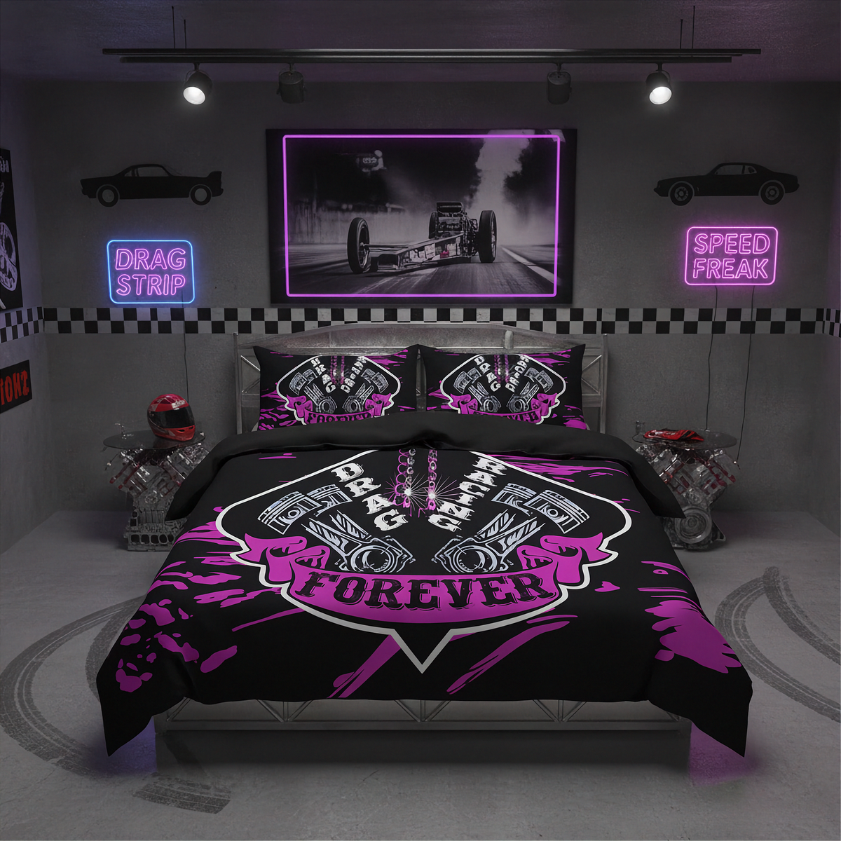 A racing-themed bedding set displayed on a bed in a styled bedroom. The set includes a duvet cover and two matching pillowcases with a black background, purple and white engine graphics, and the text 'DRAG STRIP FOREVER'.