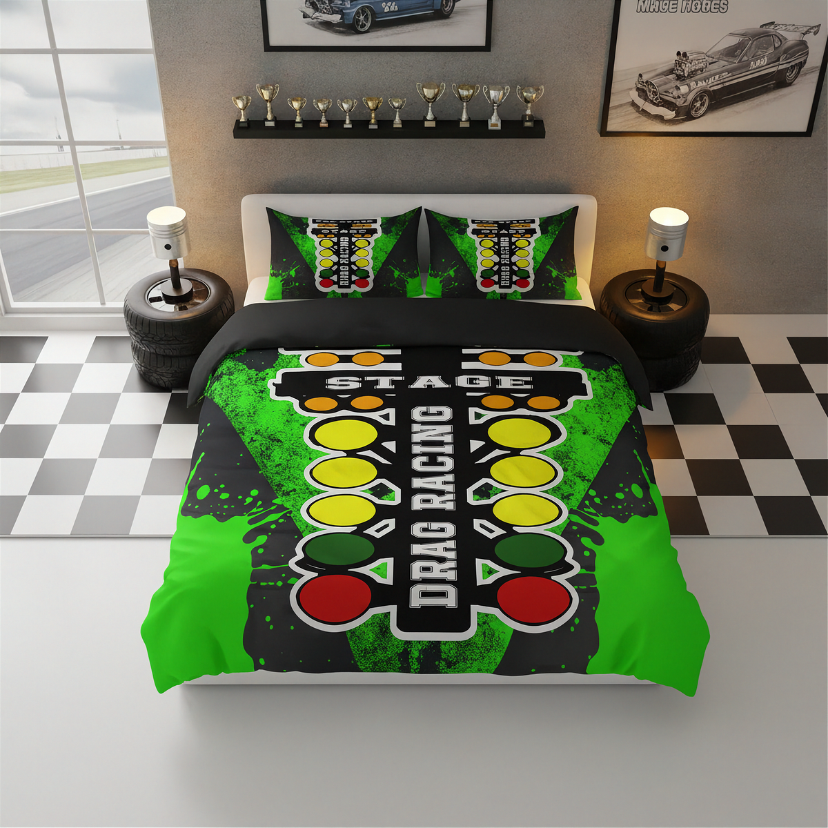 A racing-themed bedding set featuring a duvet cover and two pillowcases with a green, black, yellow, and red drag racing track and traffic light design, styled in a modern bedroom setting.