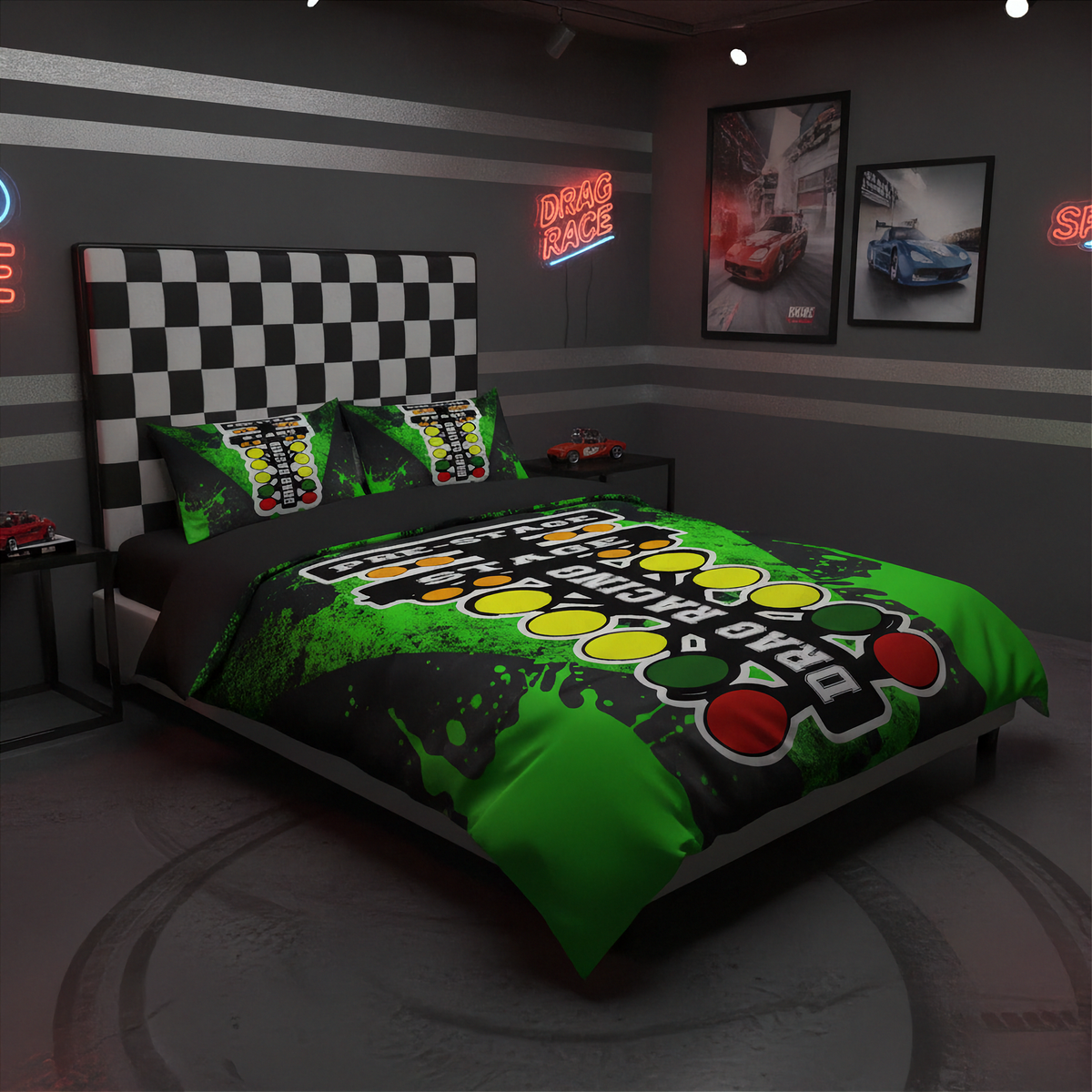 A racing-themed bedding set featuring a green and black 'Drag Race' graphic design on the comforter and matching pillowcases, styled in a dark gray bedroom with a checkered headboard and neon signs.