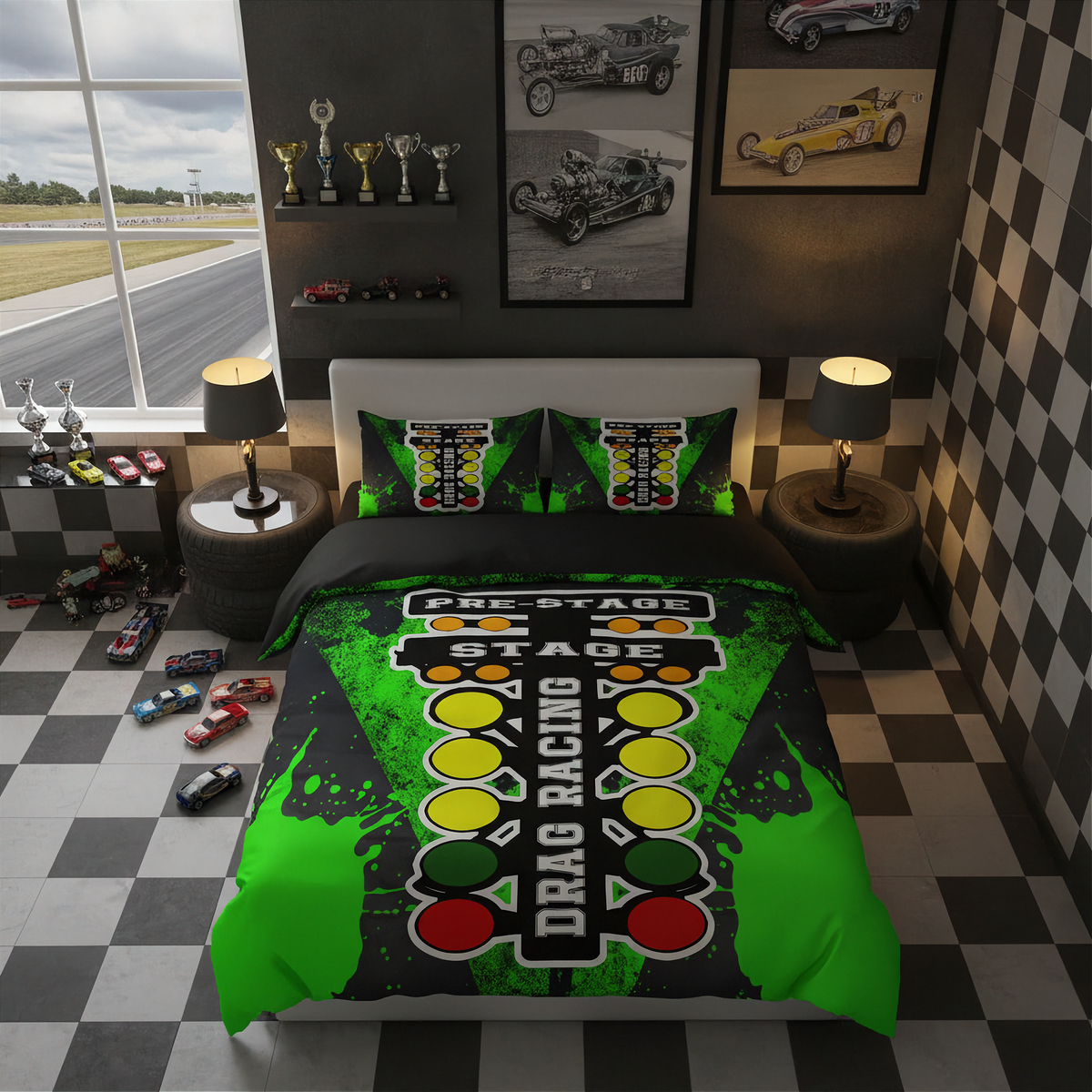 A racing-themed bedding set displayed on a bed in a styled bedroom. The set includes a duvet cover and two matching pillowcases featuring a green and black drag racing track graphic with yellow, red, and green traffic lights and the words 'Race Stage' and 'Drag Racing'.