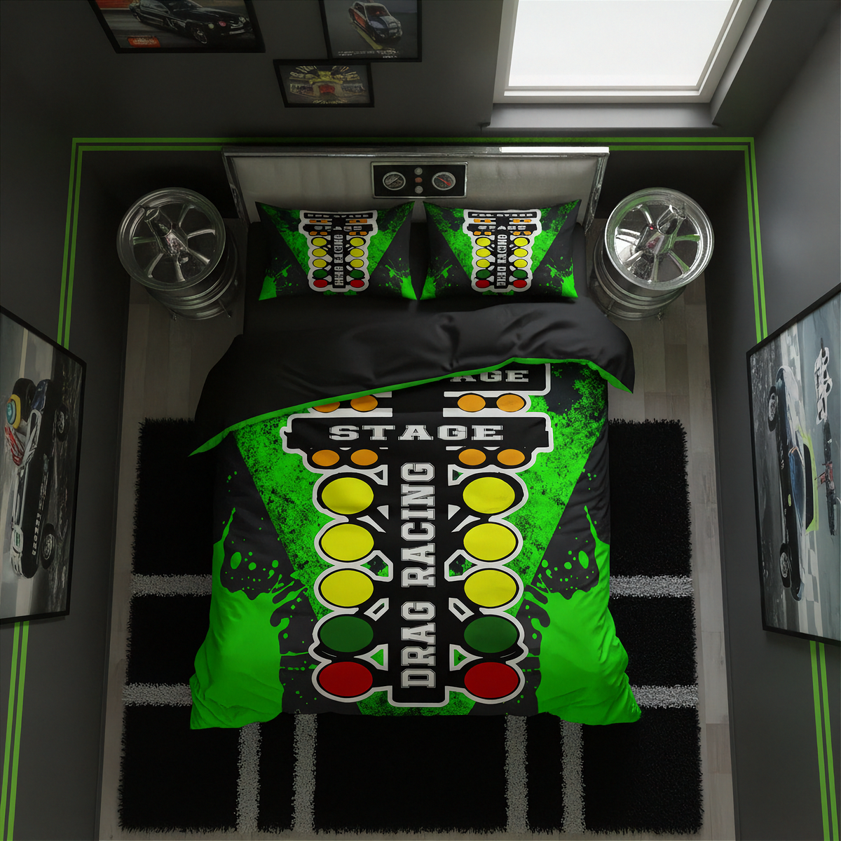 A top-down view of a drag racing themed bedding set in a styled bedroom. The set includes a duvet cover and two matching pillowcases featuring a green and black drag racing light bar graphic with yellow, green, red, and white elements.