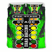 A bedding set featuring a duvet cover and two matching pillowcases with a drag racing start-line graphic. The design includes a black and neon green background with white text reading 'PRE-STAGE', 'STAGE', and 'DRAG RACING', plus yellow, orange, green, and red oval lights.