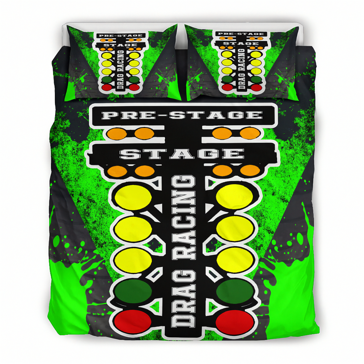 A bedding set featuring a duvet cover and two matching pillowcases with a drag racing start-line graphic. The design includes a black and neon green background with white text reading 'PRE-STAGE', 'STAGE', and 'DRAG RACING', plus yellow, orange, green, and red oval lights.