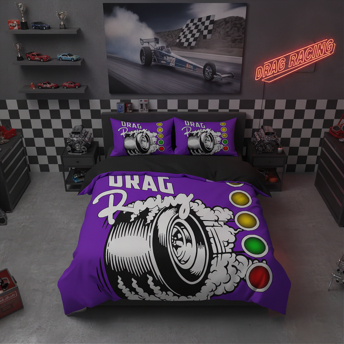 A drag racing themed bedding set displayed on a bed in a styled room. The set includes a purple comforter with a black and white drag racing wheel graphic and 'DRAG Racing' text, and two matching purple pillowcases.