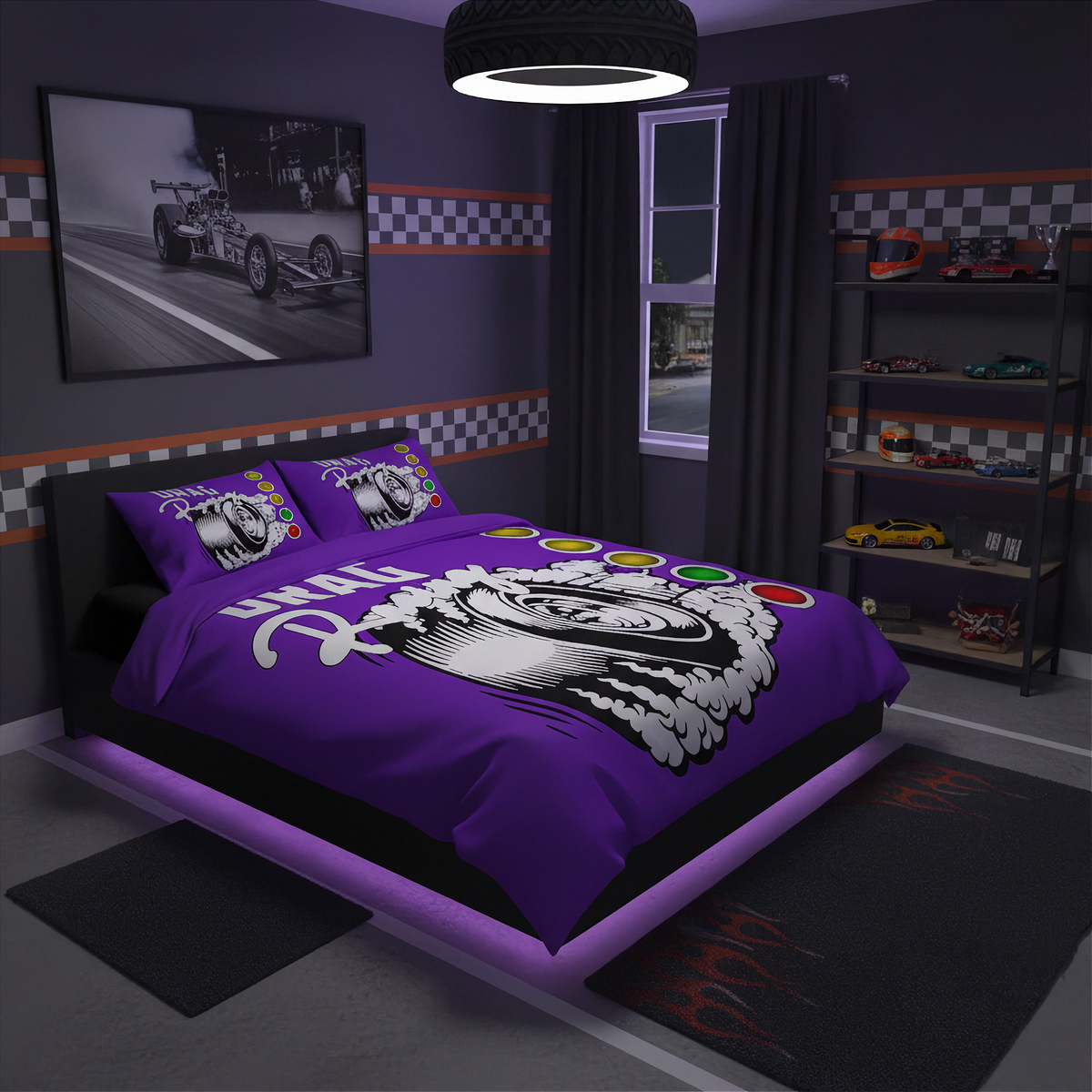 A purple racing-themed bedding set with a large wing graphic and 'WORLD CHAMPION' text, styled on a bed in a dark gray racing-themed bedroom with a tire lamp, car wall art, and toy shelves.