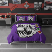 A racing-themed bedding set featuring a purple duvet cover and matching pillowcases with a large black and white tire graphic and colored light bulbs, styled in a modern gray and red bedroom.