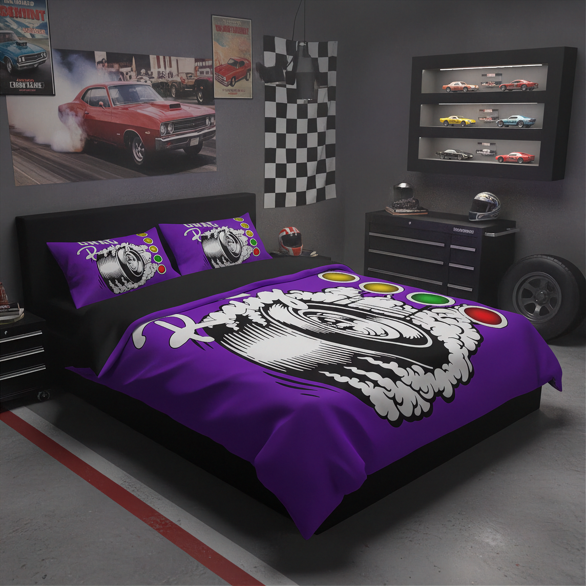 A purple and black racing-themed bedding set with a large white skull graphic and small colored oval accents, shown on a bed in a dark gray garage-style bedroom with car posters, a display cabinet, and racing decor.