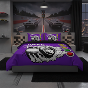 A racing-themed bedding set featuring a purple duvet cover and matching pillowcases with a large black, white, and yellow drag racer graphic, styled in a modern bedroom setting.