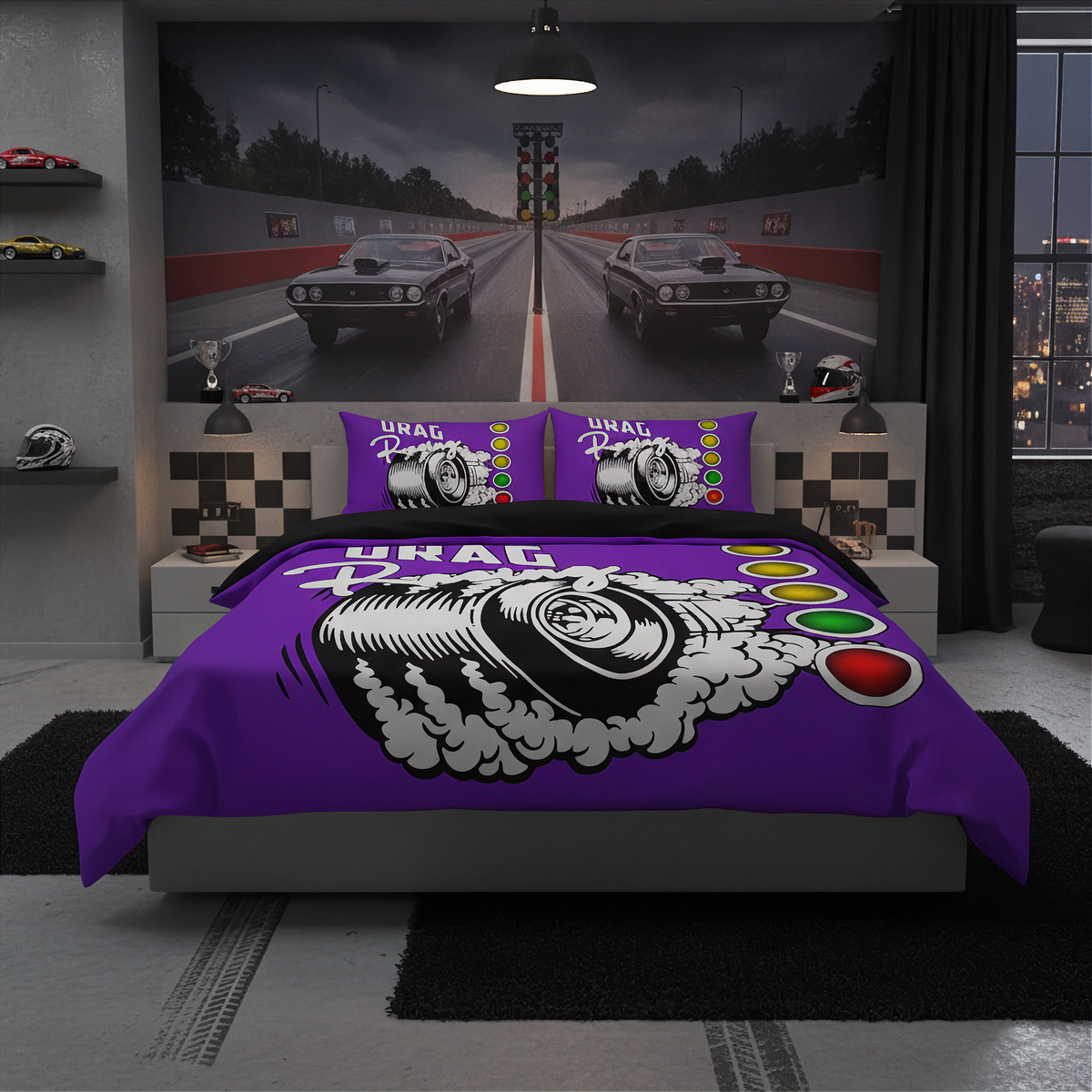 A racing-themed bedding set featuring a purple duvet cover and matching pillowcases with a large black, white, and yellow drag racer graphic, styled in a modern bedroom setting.