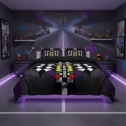 A racing-themed bedding set displayed on a bed in a modern, dark-themed bedroom. The set includes a duvet cover and matching pillowcases featuring a checkered finish line pattern with 'DRAG RACING' and 'Racing' details, alongside a central vertical stripe with yellow, red, and white elements.