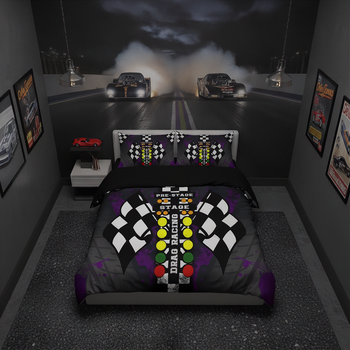 A racing-themed bedding set displayed on a bed in a styled bedroom. The set includes a duvet cover and two matching pillowcases featuring a graphic design of checkered flags, a race track, two racing cars, and a vertical 'PRE STAGE' sign with colorful lights.