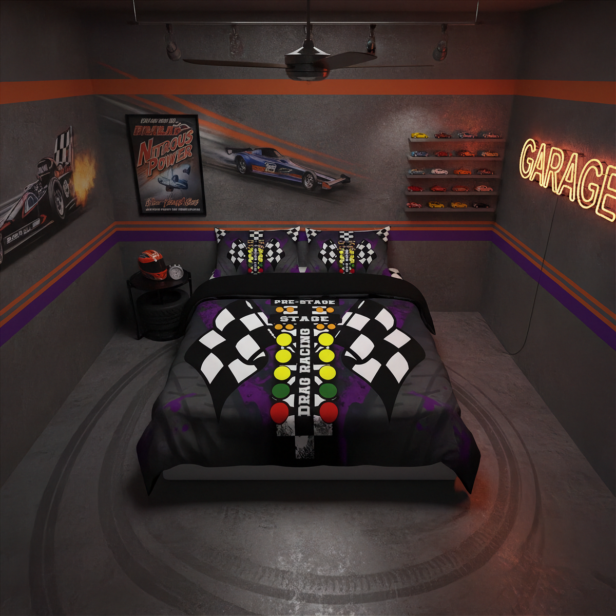 A racing-themed bedding set displayed on a bed in a garage-style bedroom. The comforter and matching pillowcases feature a black and white checkered flag pattern, a central green, yellow, and red race track strip, and the words 'DRAG RACING' and 'STAGE'.