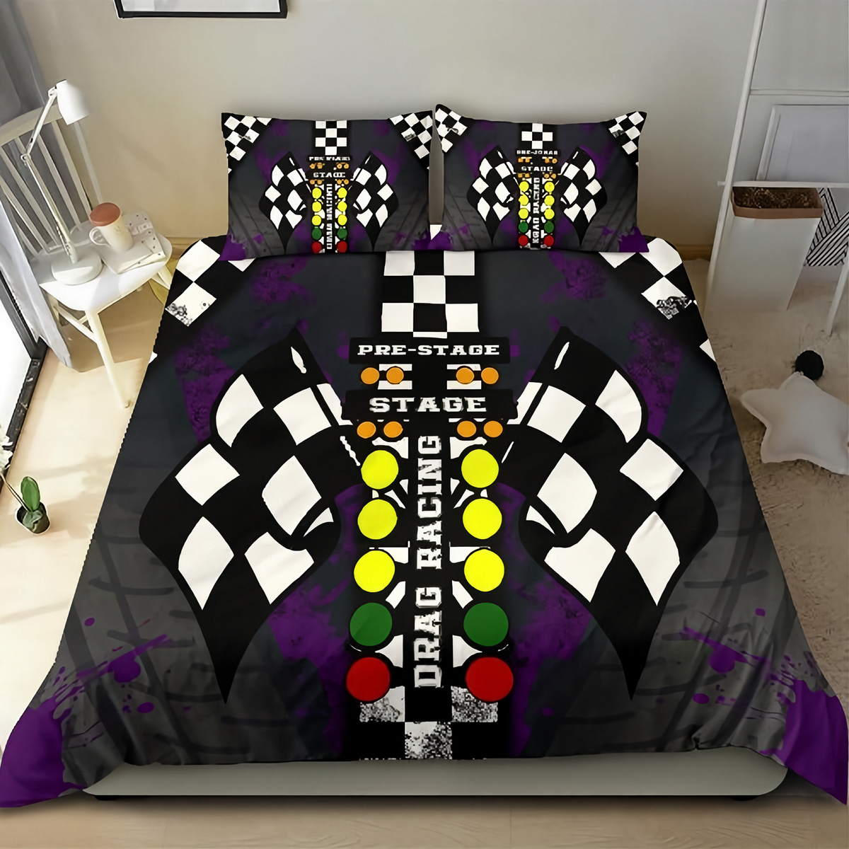 A bedding set featuring a duvet cover and two pillowcases with a drag racing theme, displayed on a bed in a bedroom. The design includes black and white checkered flags, a center line with yellow, green, and red lights, and the words 'PRE-STAGE', 'STAGE', and 'DRAG RACING'.