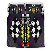 A racing-themed bedding set featuring a duvet cover and two matching pillowcases with a black, white, and purple drag racing graphic design, including checkered flags, 'PRE-STAGE STAGE DRAG RACING' text, and colored light bulbs.