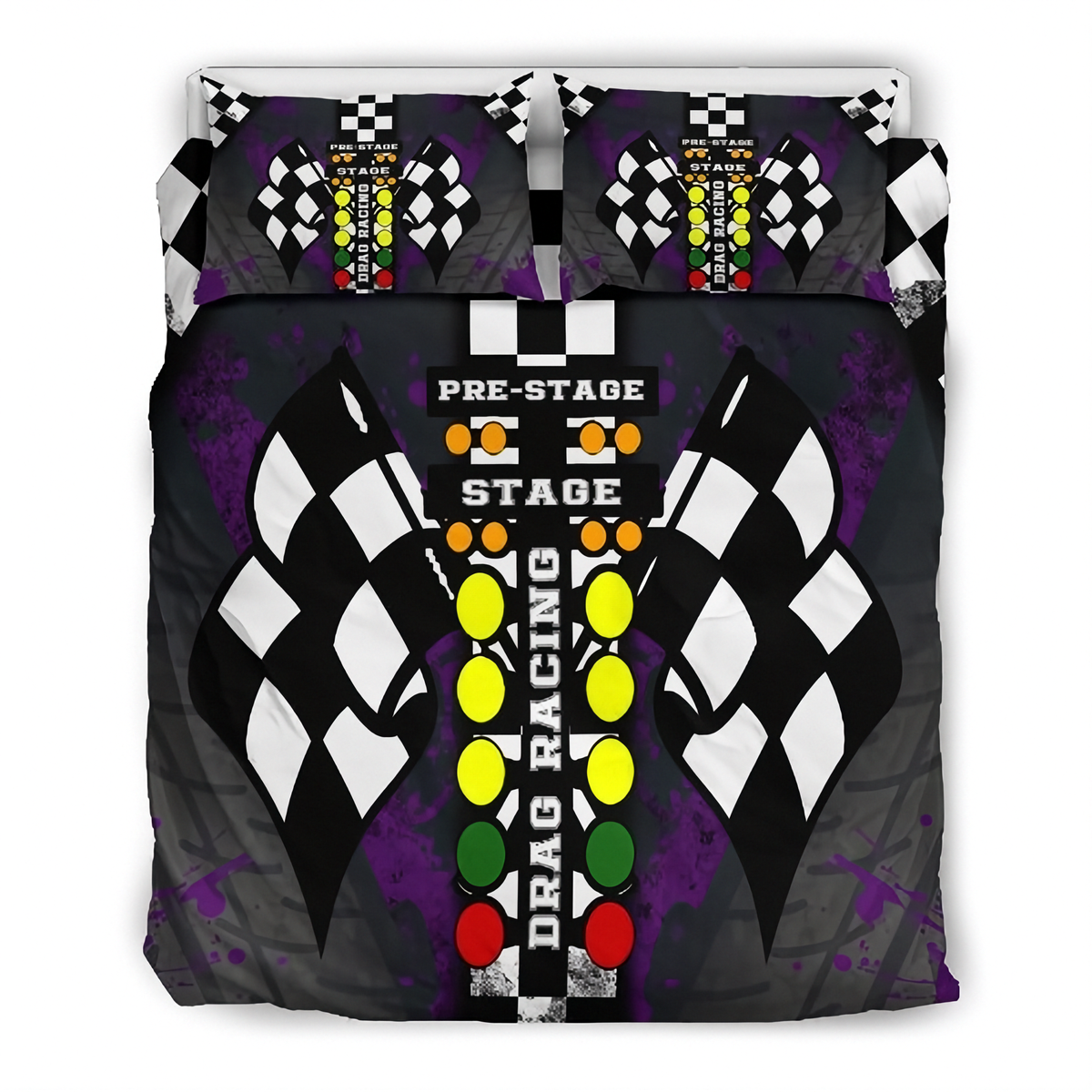 A racing-themed bedding set featuring a duvet cover and two matching pillowcases with a black, white, and purple drag racing graphic design, including checkered flags, 'PRE-STAGE STAGE DRAG RACING' text, and colored light bulbs.