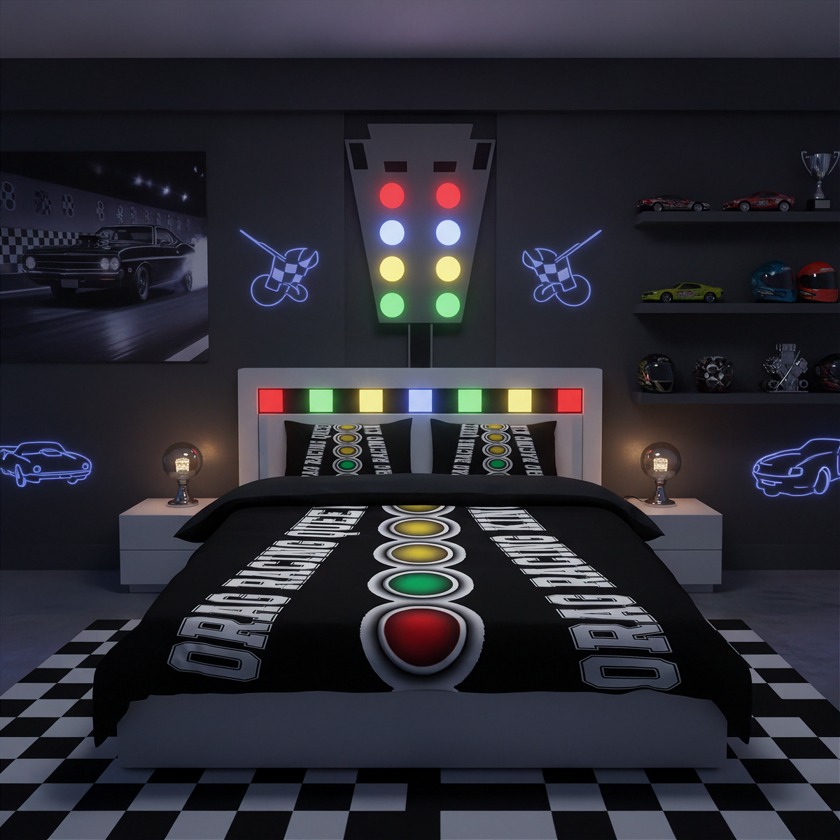 A car-themed bedroom setup featuring a bed dressed in a black duvet with a racing track and traffic light graphic, matching pillows, white bedside tables with lamps, neon car wall signs, shelves with toy cars, and a black-and-white checkered floor.